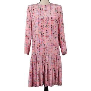 David Hayes VTG 80s Silk Print Pleated Pink Mini Dress | Women's 10 |‎ FLAWS